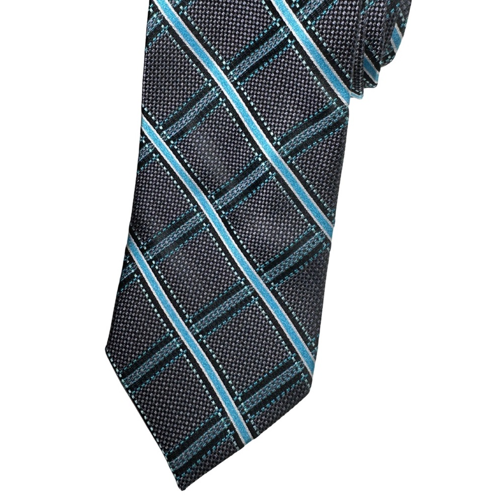 Bruno Piatelli Black Turquoise Geometric Design Necktie 100% Silk Handmade Tie